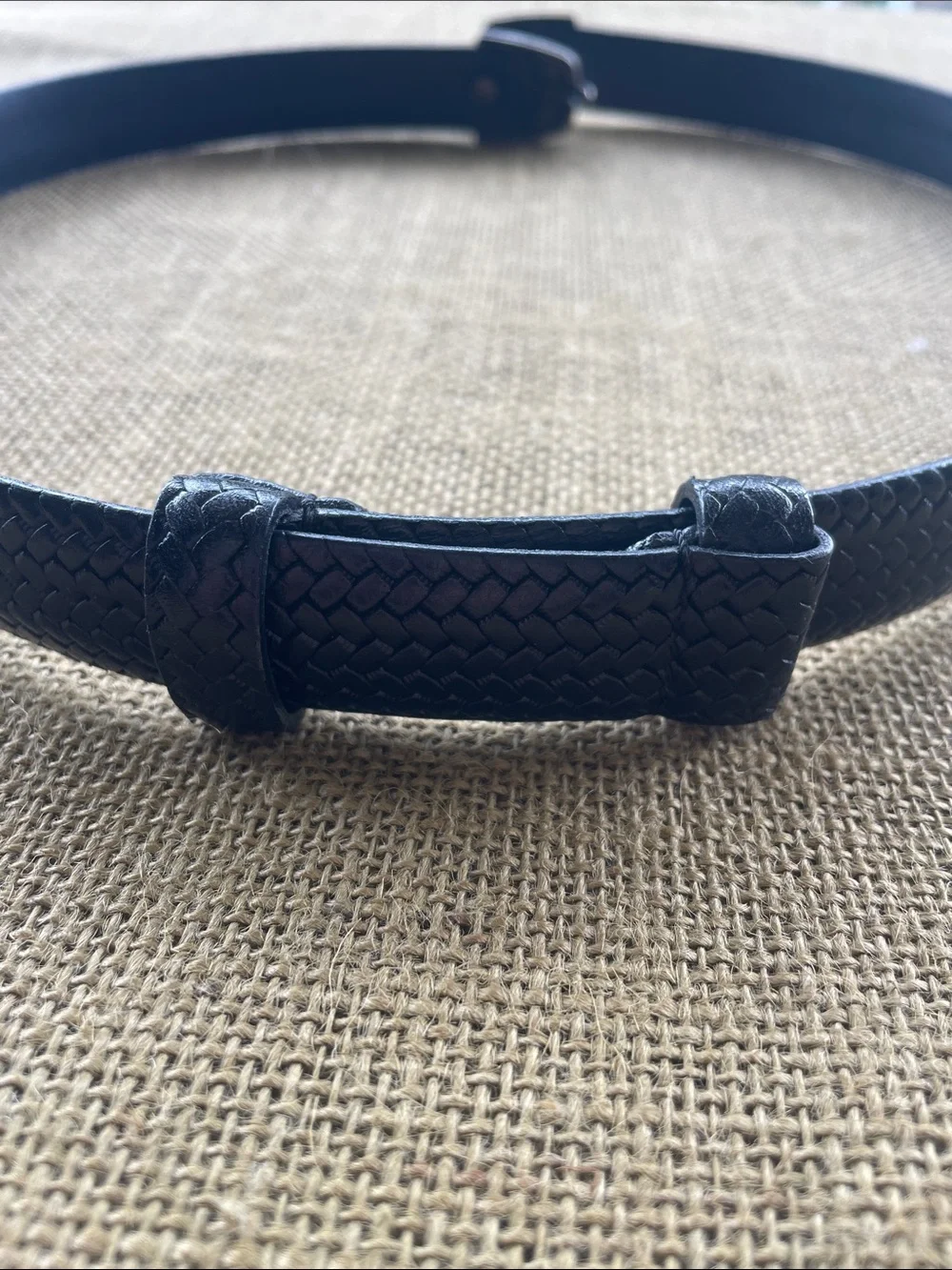Chico's Black Braided Belt with Floral Engraved Silver-Tone Buckle